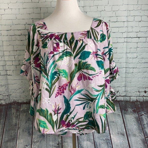 Terra & Sky NWT Square Neck Peasant Top Lavender Print 1X Tropical Resortwear - Picture 4 of 14